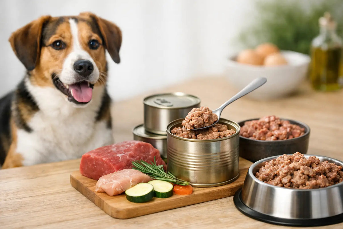 Hund neben geöffneten Dosen Nassfutter und Näpfen mit einer einzigen Fleischsorte