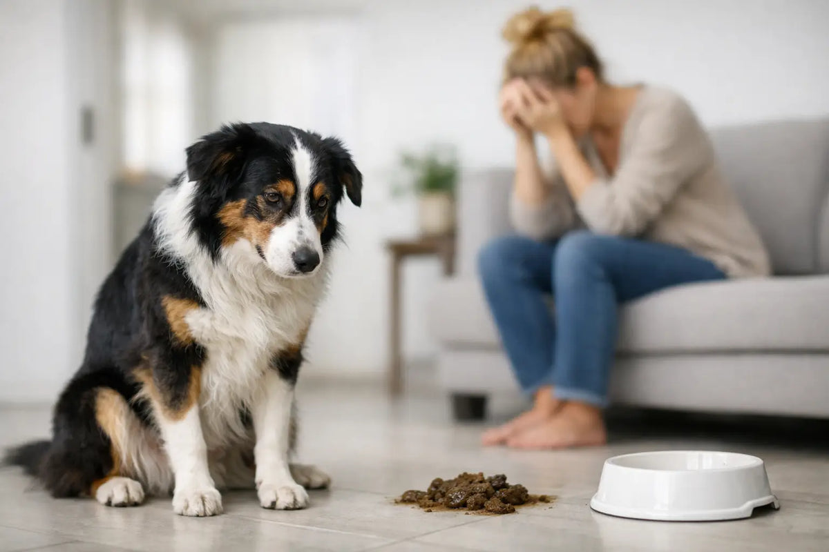 Besorgte Frau auf dem Sofa, davor sitzt ein Hund neben einem Häufchen Durchfall