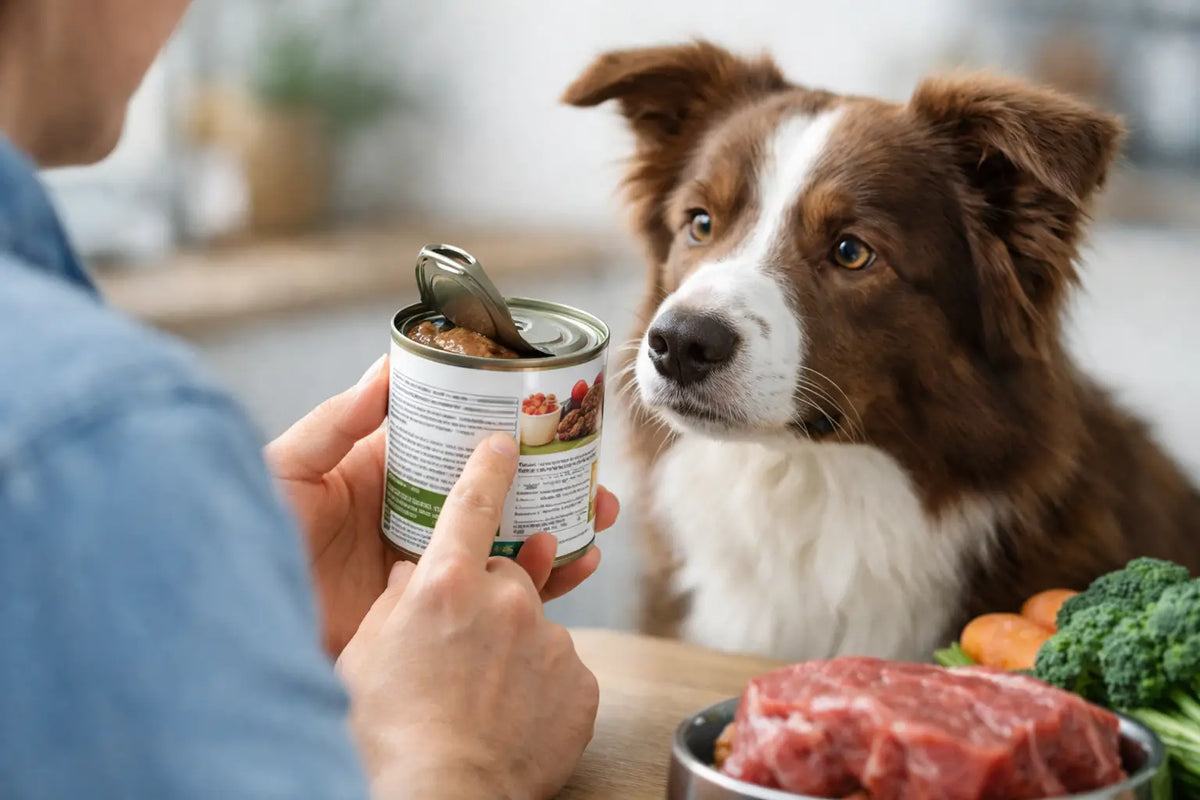 Person liest das Etikett einer Futterdose, ein Hund schaut zu