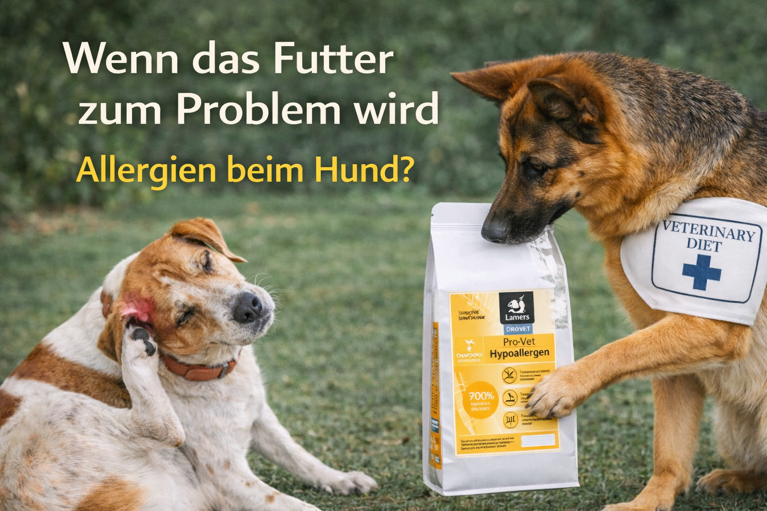 Allergien beim Hund: Schäferhund mit Tierarzt-Lätzchen präsentiert Hypoallergen-Futter einem juckenden Terrier-Mischling.