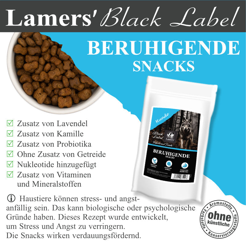 Entspannt durch die Silvesternacht – Unterstützung für Hunde mit Lamers Black Label Beruhigende Snacks: Eine Schale mit braunen Hundesnacks und eine Packung "Beruhigende Snacks" für Hunde.