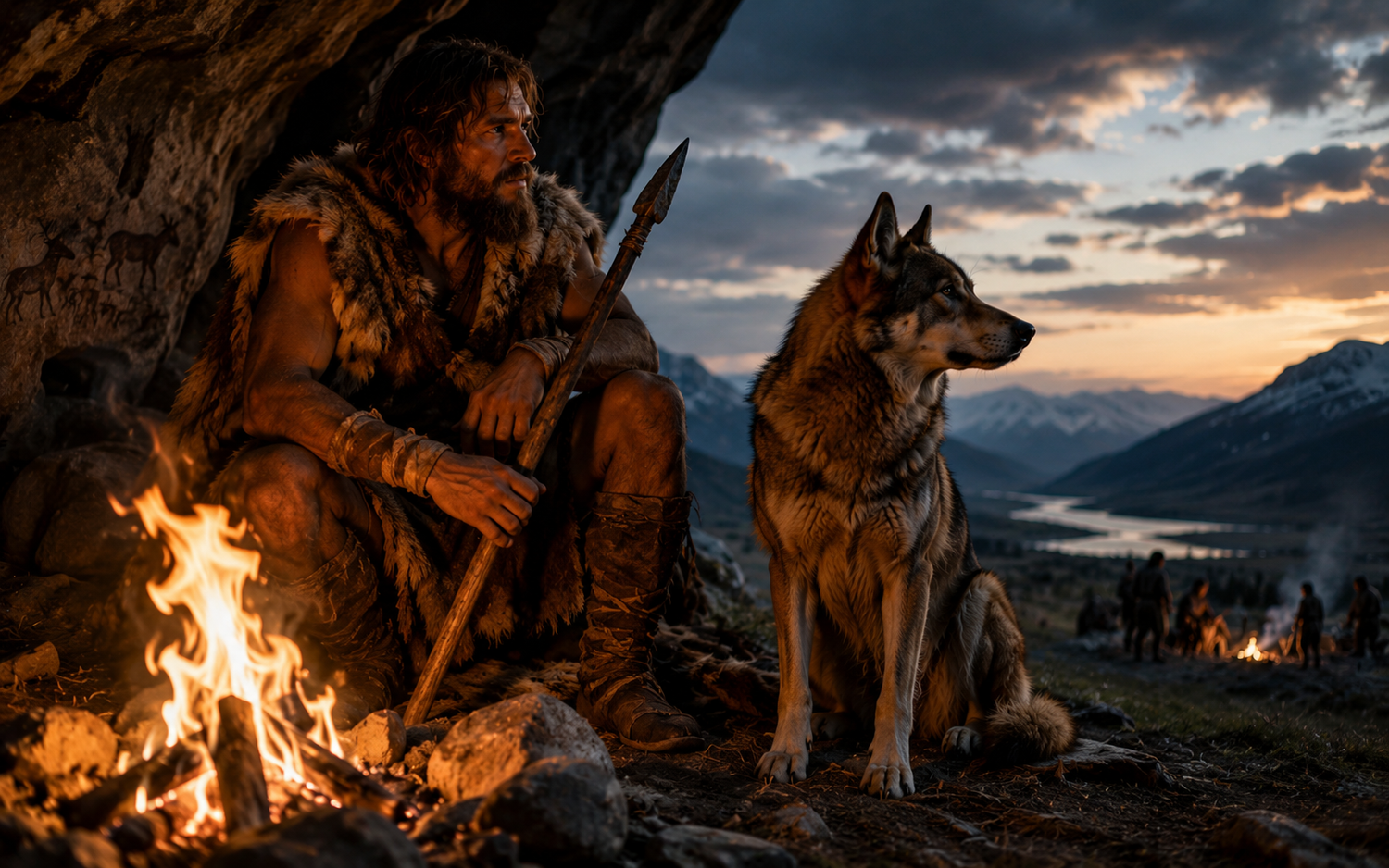 Die ersten Aufgaben des Hundes beim Menschen: Höhlenmensch mit Speer und Wolf am Lagerfeuer bei Sonnenuntergang.