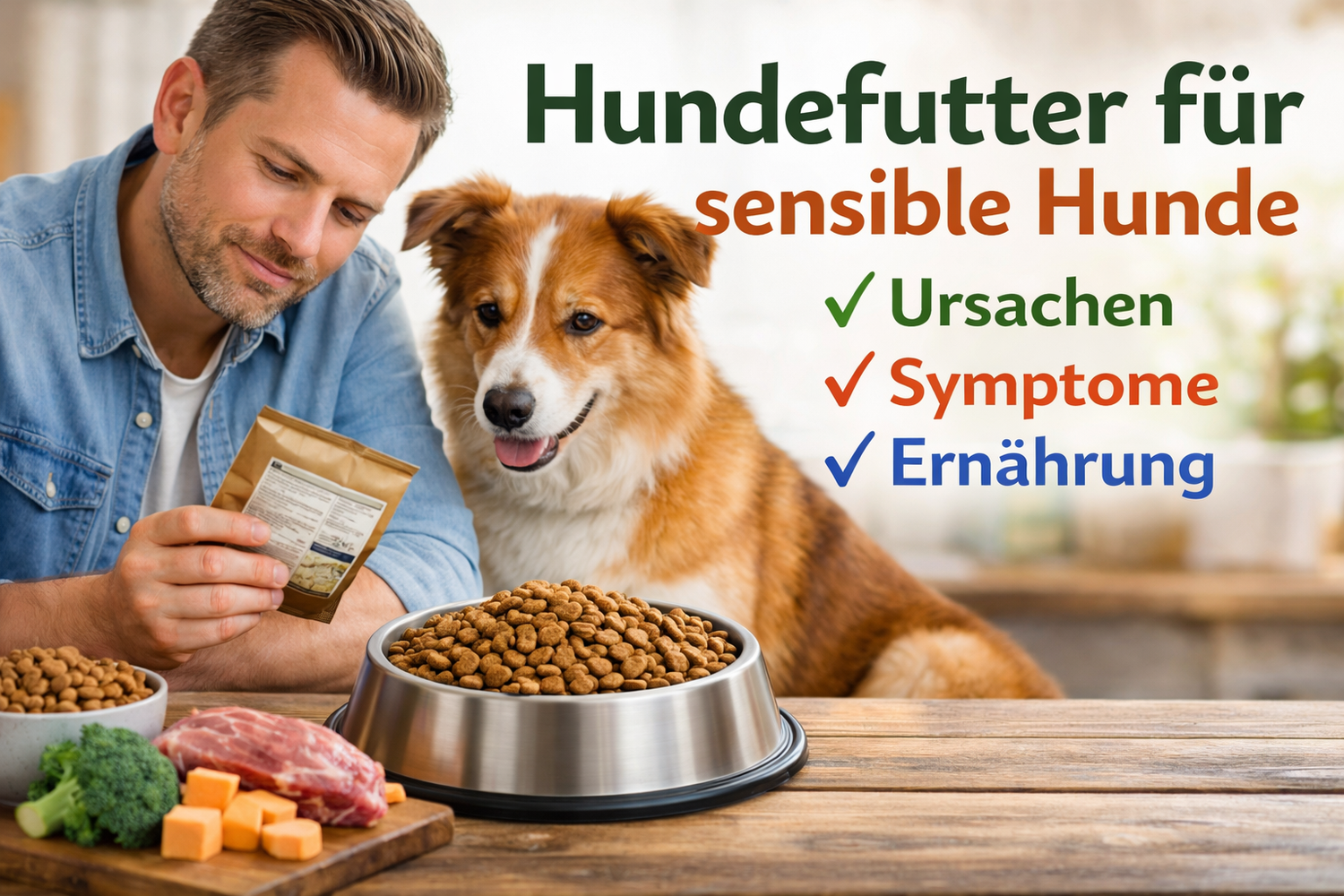 Hundefutter für sensible Hunde: Mann liest Zutatenliste von Hundefutterbeutel, daneben ein Hund und Futterschalen.