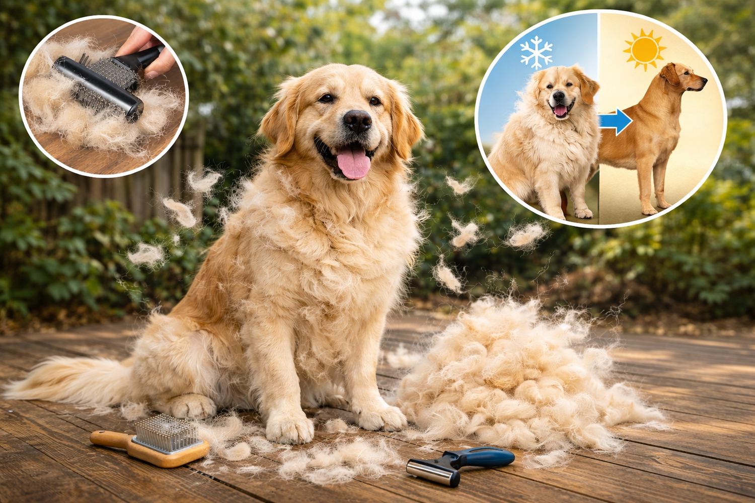 Hautprobleme und Fellgesundheit beim Hund: Golden Retriever mit Fellhaufen, Bürsten und Fellwechsel-Symbolen.