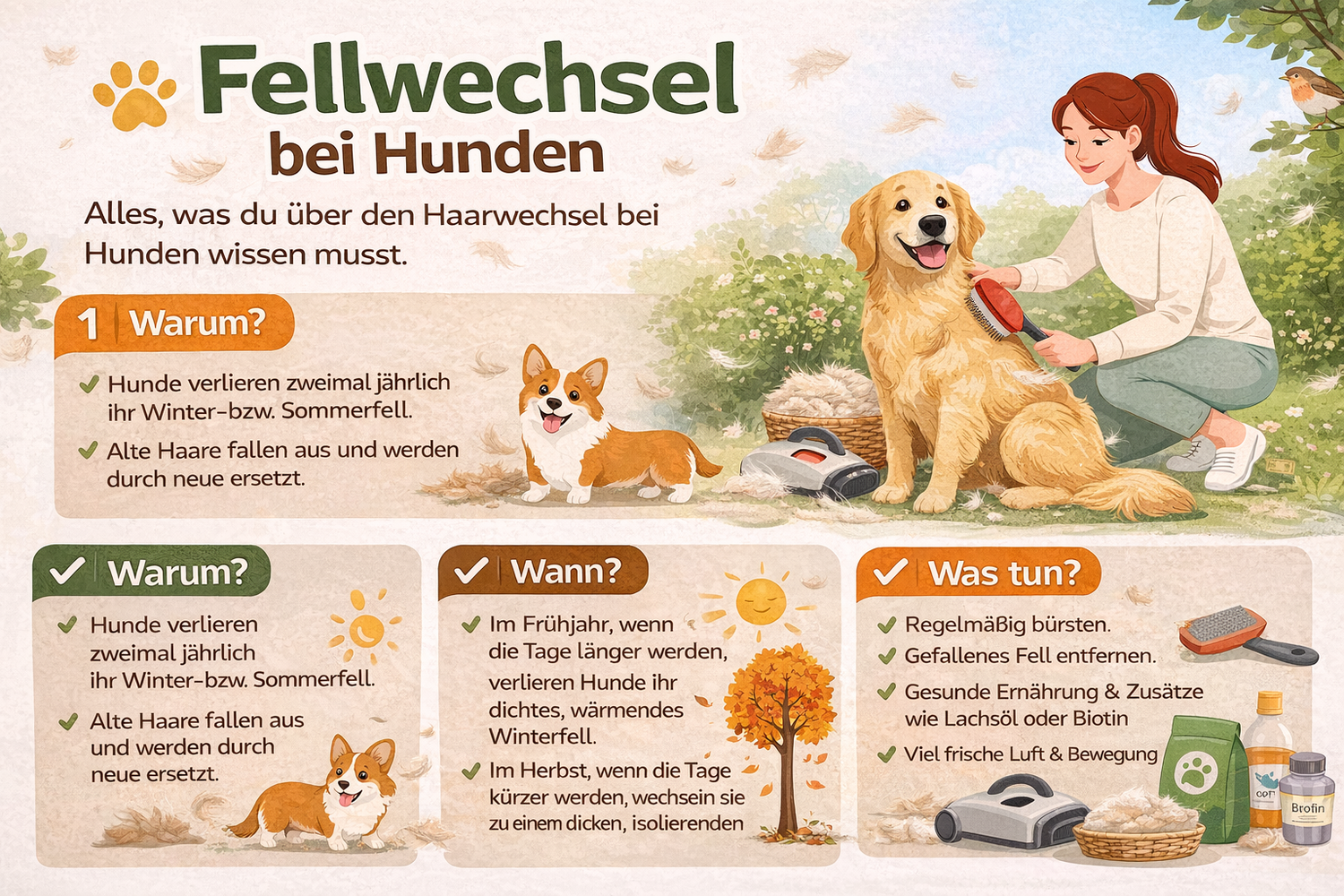 Fellwechsel beim Hund: Frau bürstet einen Golden Retriever, während Haare fliegen.