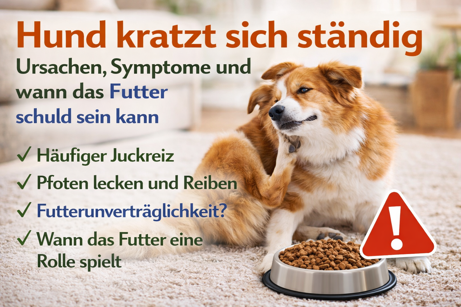 Hund kratzt sich ständig: Ursachen, Symptome und wann das Futter schuld sein kann. Brauner und weißer Hund kratzt sich neben einem Napf mit Trockenfutter und einem roten Ausrufezeichen.