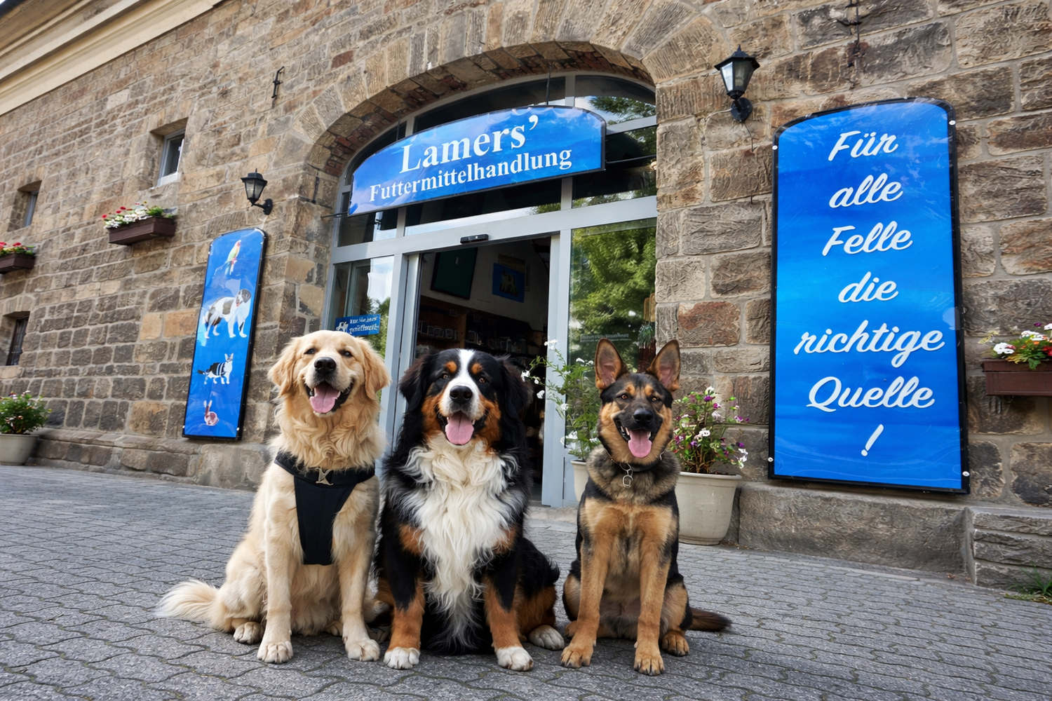 🐾 Ratgeberseite - Welches Hundefutter passt zu meinem Hund? Drei Hunde (Golden Retriever, Berner Sennenhund, Schäferhund) sitzen vor einem Tierfuttergeschäft.