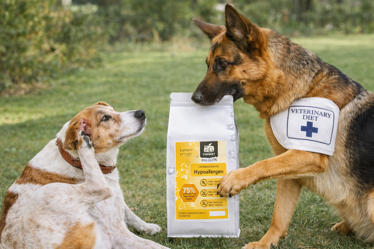Hundefutter bei Allergien: Schäferhund mit "Veterinary Diet" Bandage und kleinem Hund vor Hypoallergen-Futterpackung.