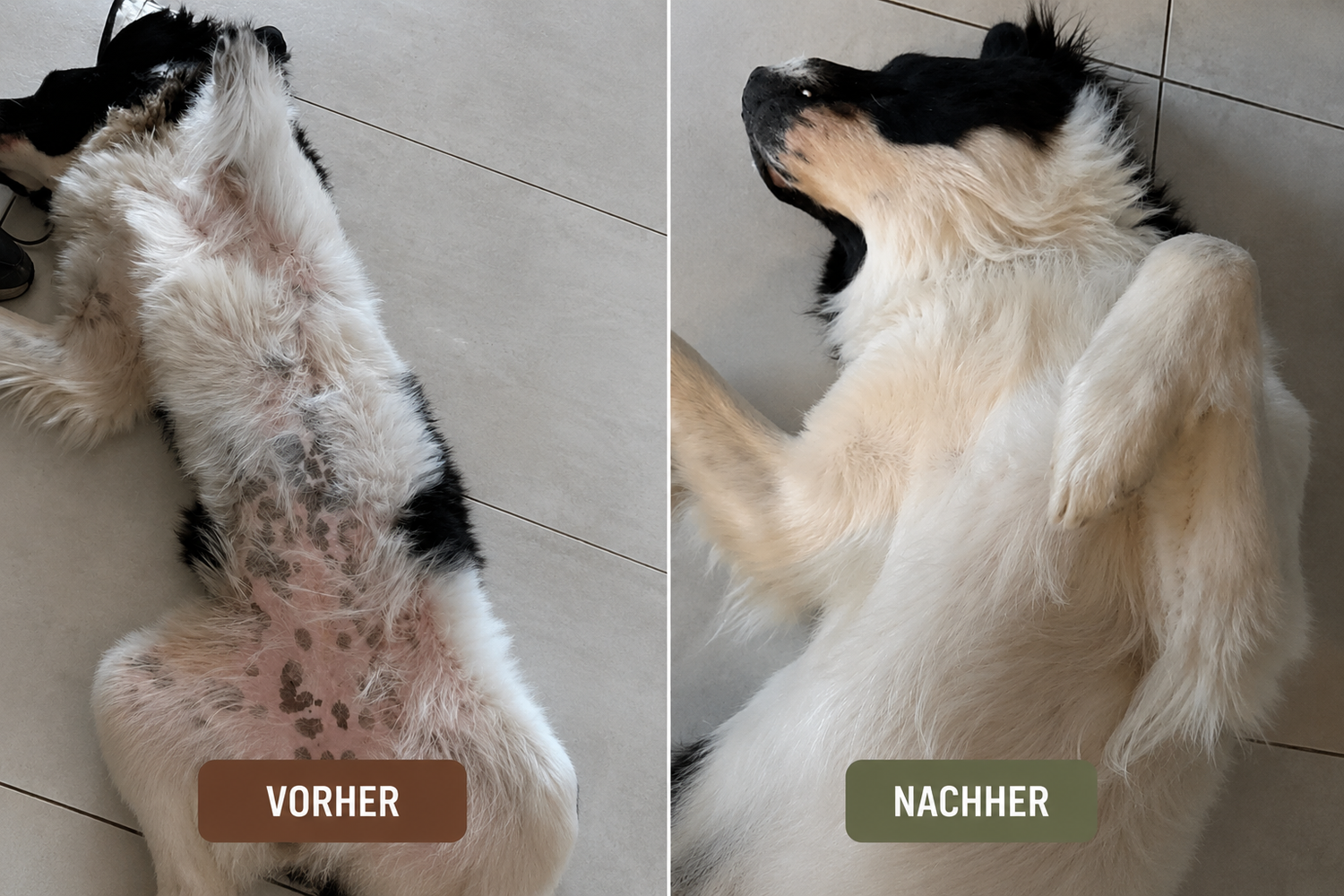 Warum unsere Landseer-Hündin plötzlich immer mehr Fell verlor: Vorher-Nachher-Vergleich des Bauches einer Landseer-Hündin mit und ohne Fellverlust.