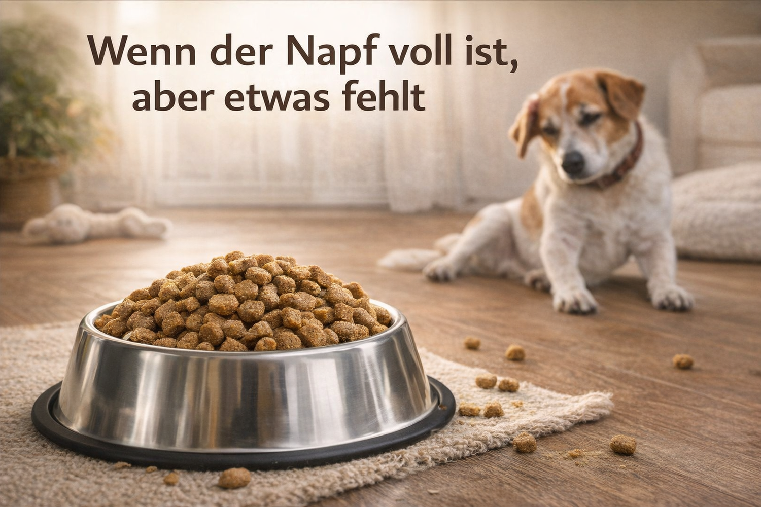 Warum die richtige Hundeernährung mehr ist als nur Futter im Napf: Ein voller silberner Hundenapf mit Trockenfutter, im Hintergrund ein Hund.