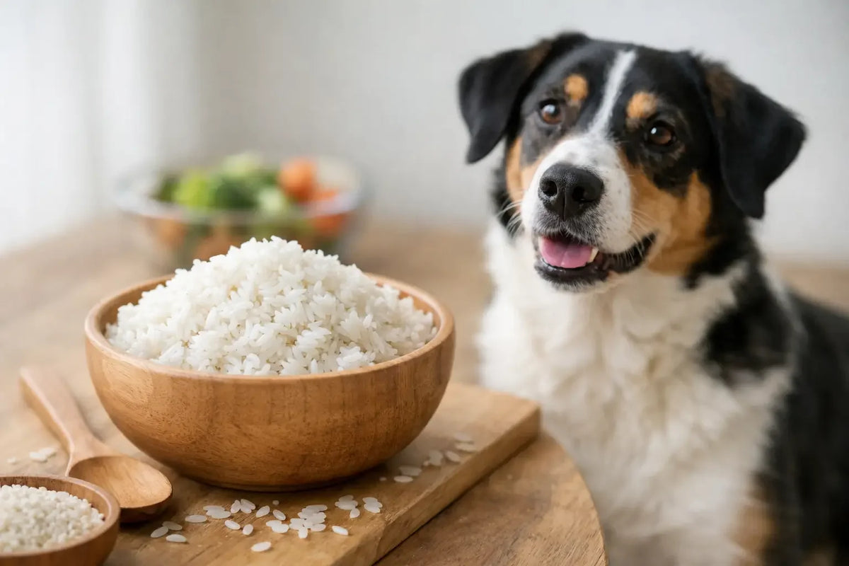 Hund neben einer Schale mit gekochtem Reis