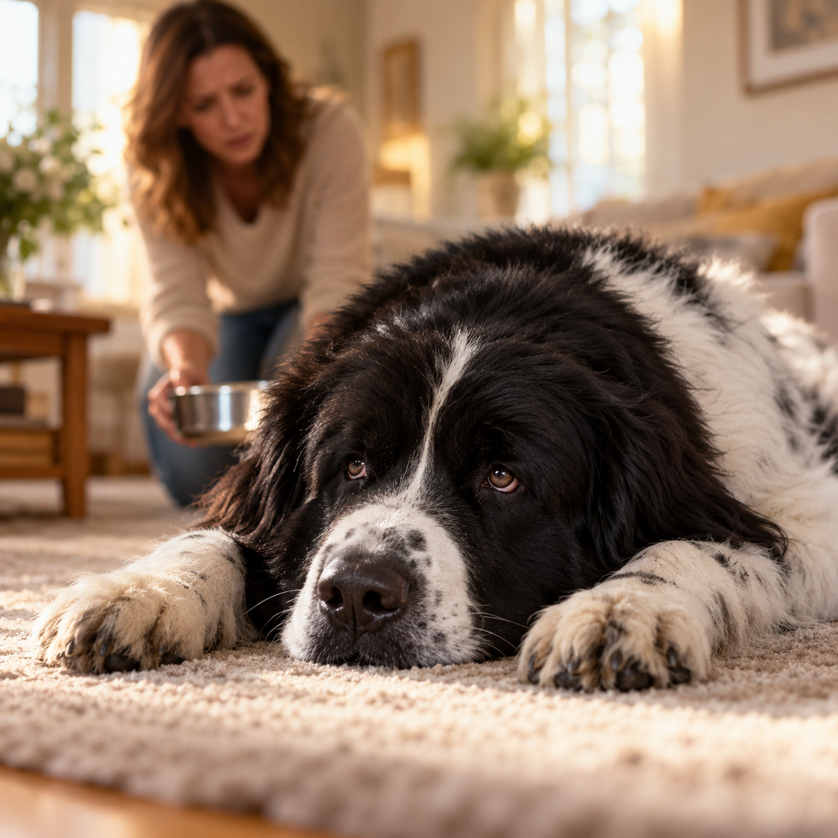 Landseer liegt matt auf dem Teppich, im Hintergrund kniet eine besorgte Frau mit Wassernapf