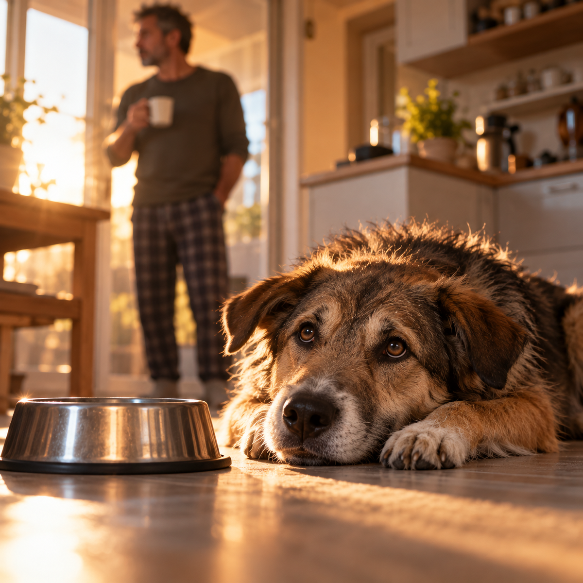 Mischlingshund liegt morgens in der Küche neben einem leeren Napf, im Hintergrund ein Mann mit Kaffeetasse