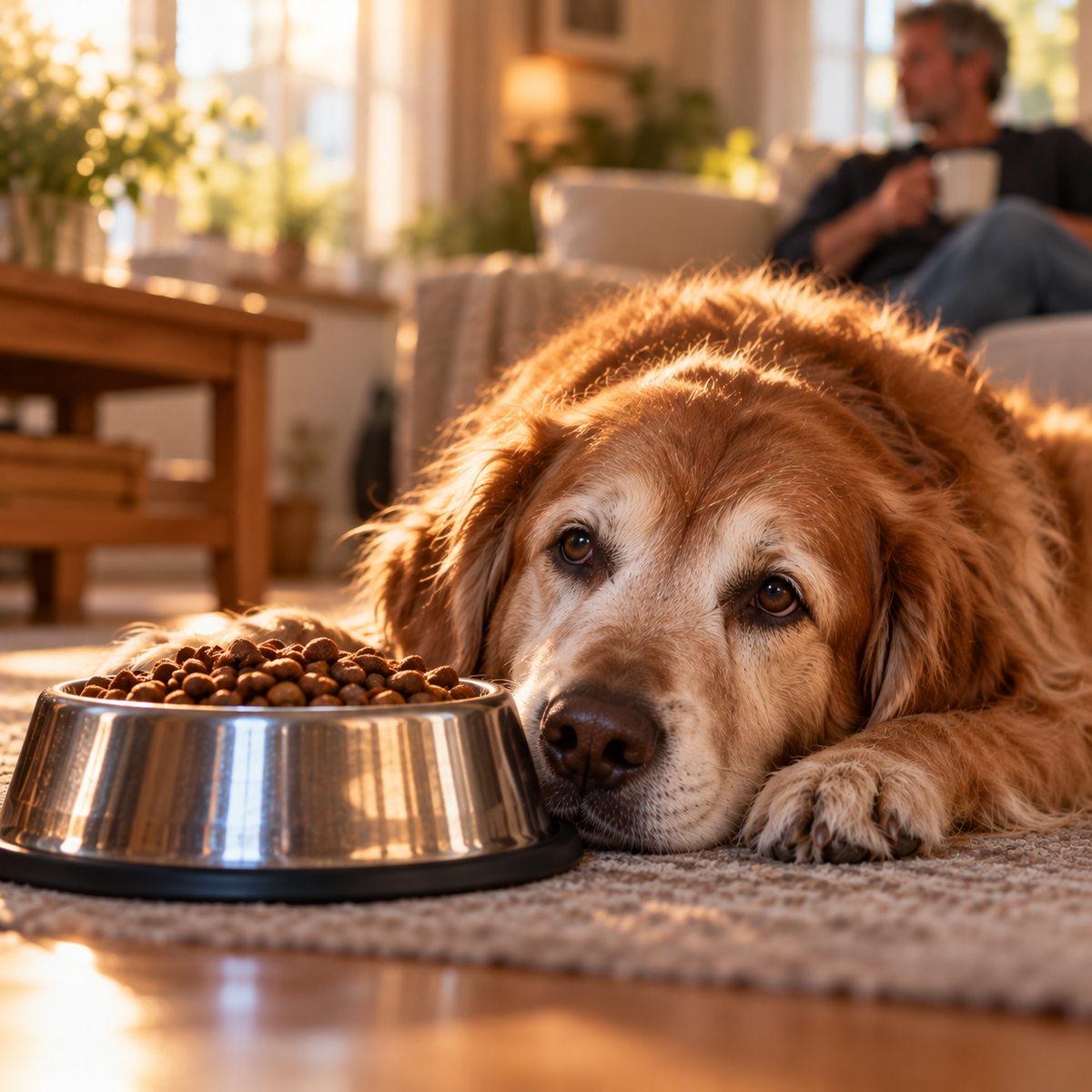 Älterer Golden Retriever liegt neben einem vollen Futternapf, im Hintergrund sitzt ein Mann auf dem Sofa