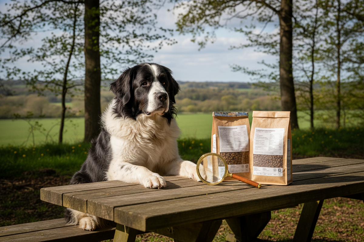 Landseer an einem Holztisch im Freien neben zwei Hundefutterverpackungen und einer Lupe