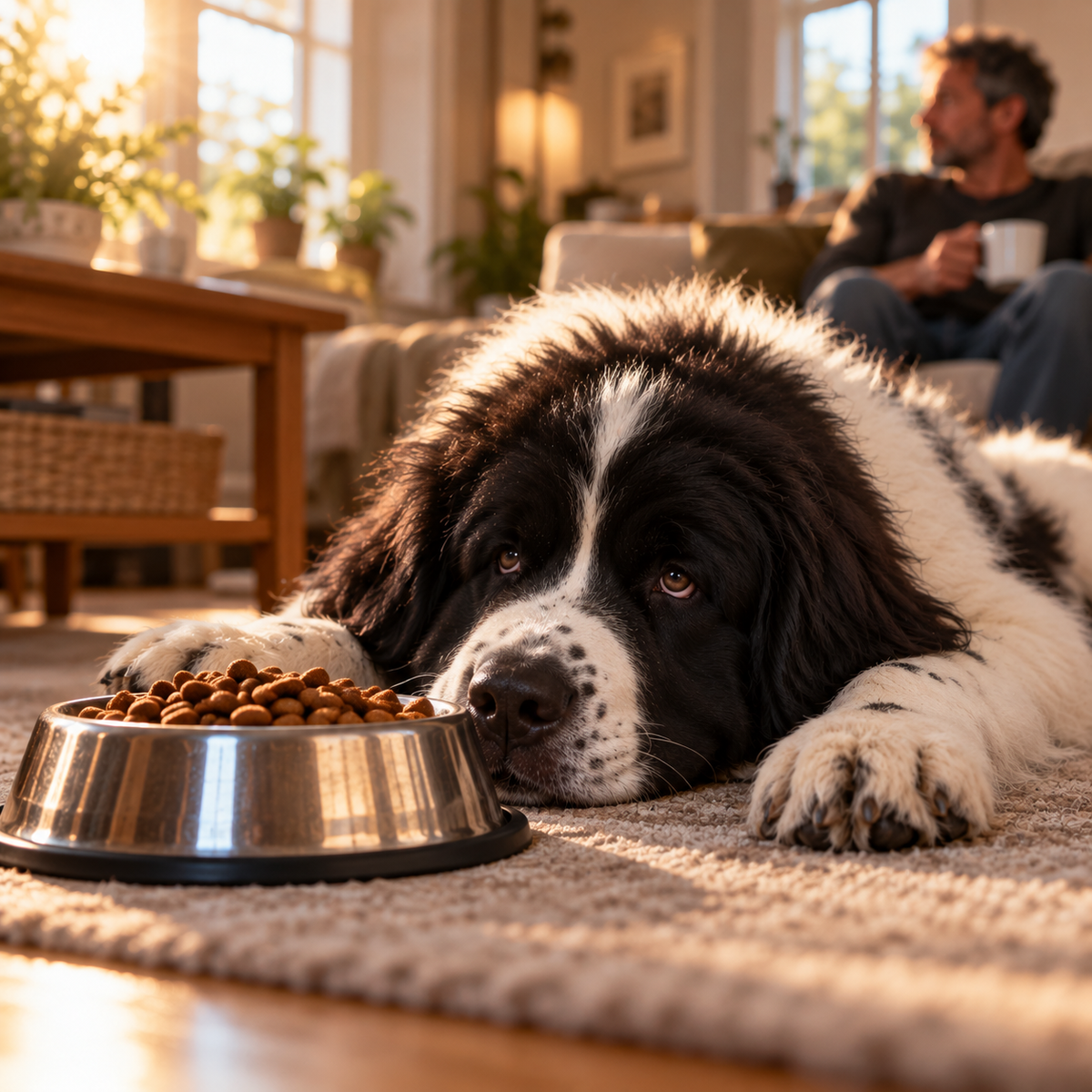Landseer liegt neben einem vollen Futternapf auf dem Teppich, im Hintergrund ein Mann mit Tasse