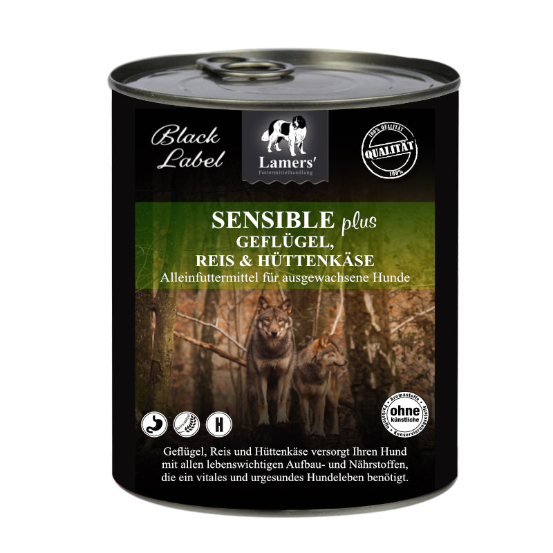 Lamers Black Label Sensible Plus Geflügel, Reis & Hüttenkäse Nassfutter für ausgewachsene Hunde.
