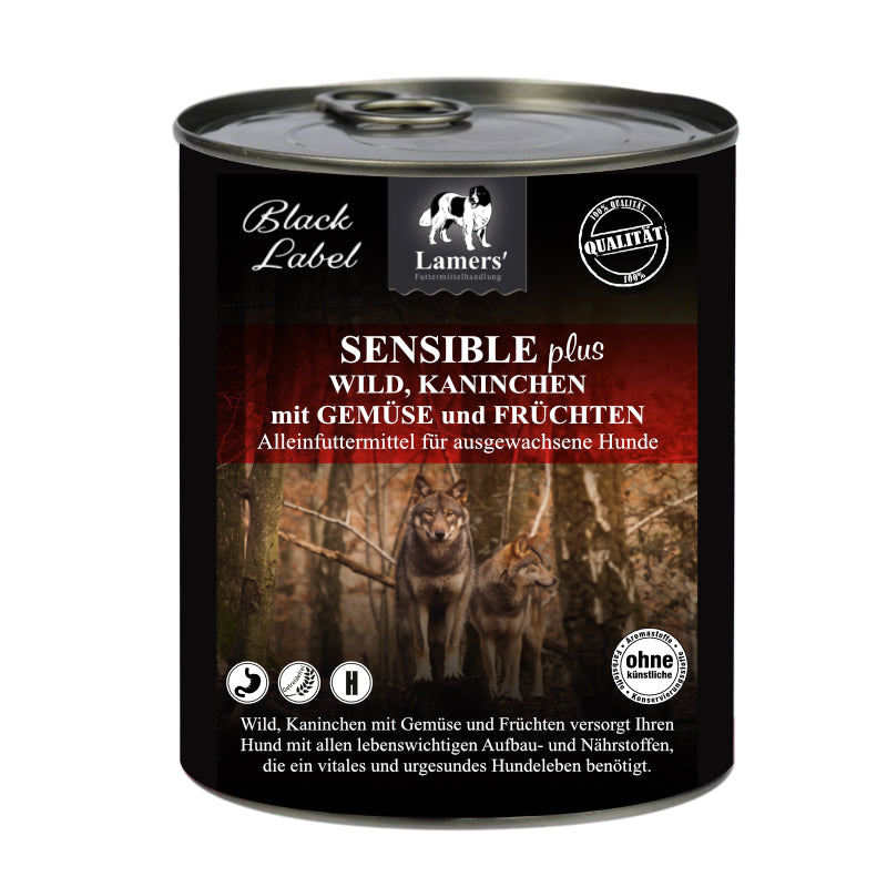 Lamers Black Label Sensible Wild, Kaninchen plus, getreidefreies Nassfutter: Schwarze Dose mit Wolfmotiv und rotem Text.