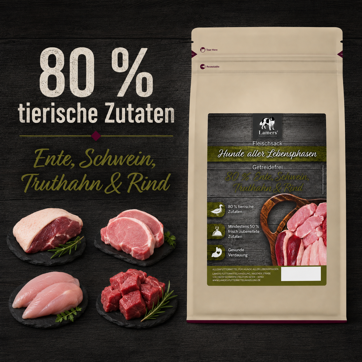 Lamers Fleischsack 80 % tierische Zutaten: Beutel neben rohem Ente-, Schweine-, Truthahn- und Rindfleisch