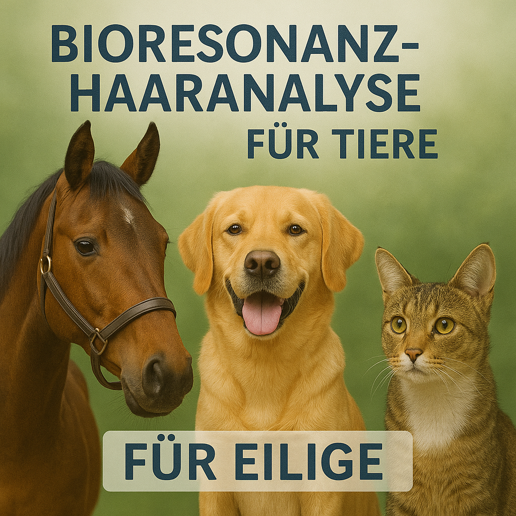 Bioresonanz Haaranalyse für Eilige: Braunes Pferd, gelber Labrador und getigerte Katze vor grünem Hintergrund.