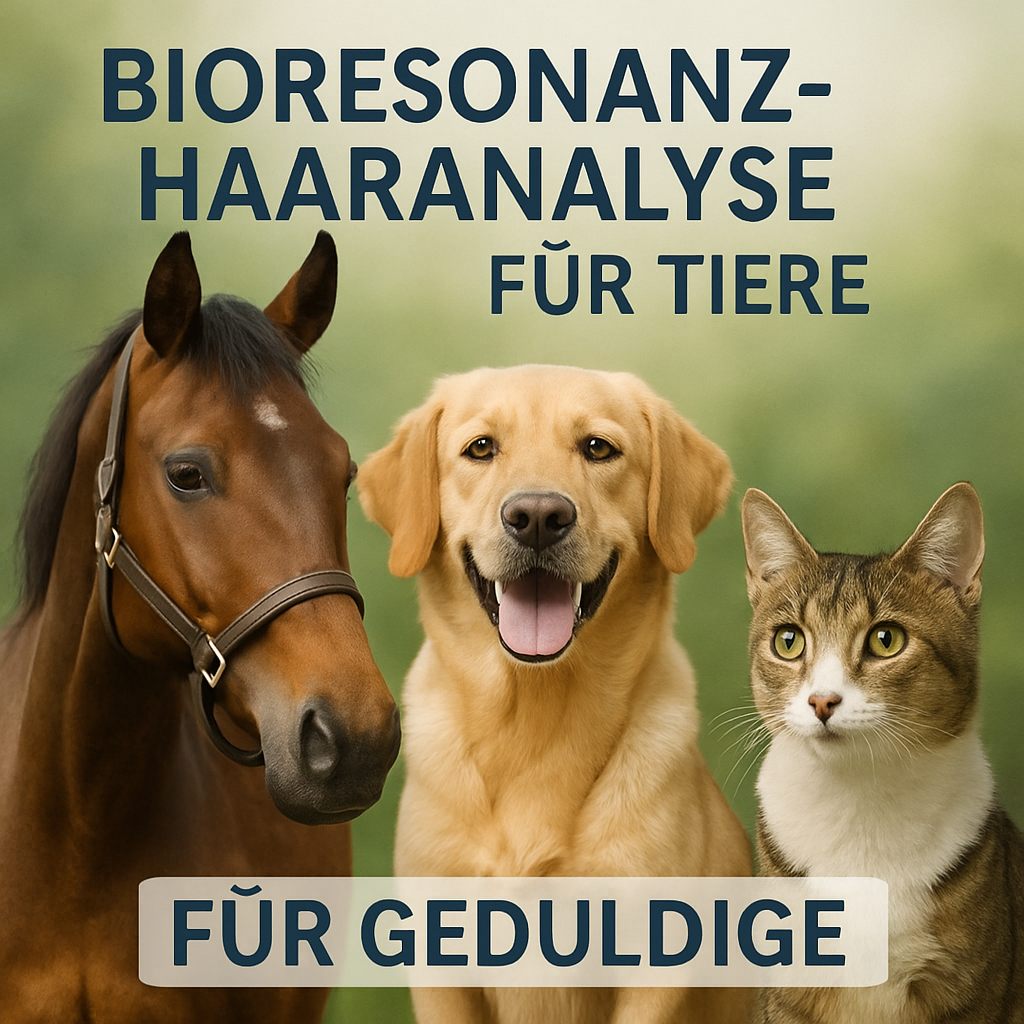 Bioresonanz Haaranalyse für Geduldige: Braunes Pferd, gelber Labrador und getigerte Katze vor grünem Hintergrund.