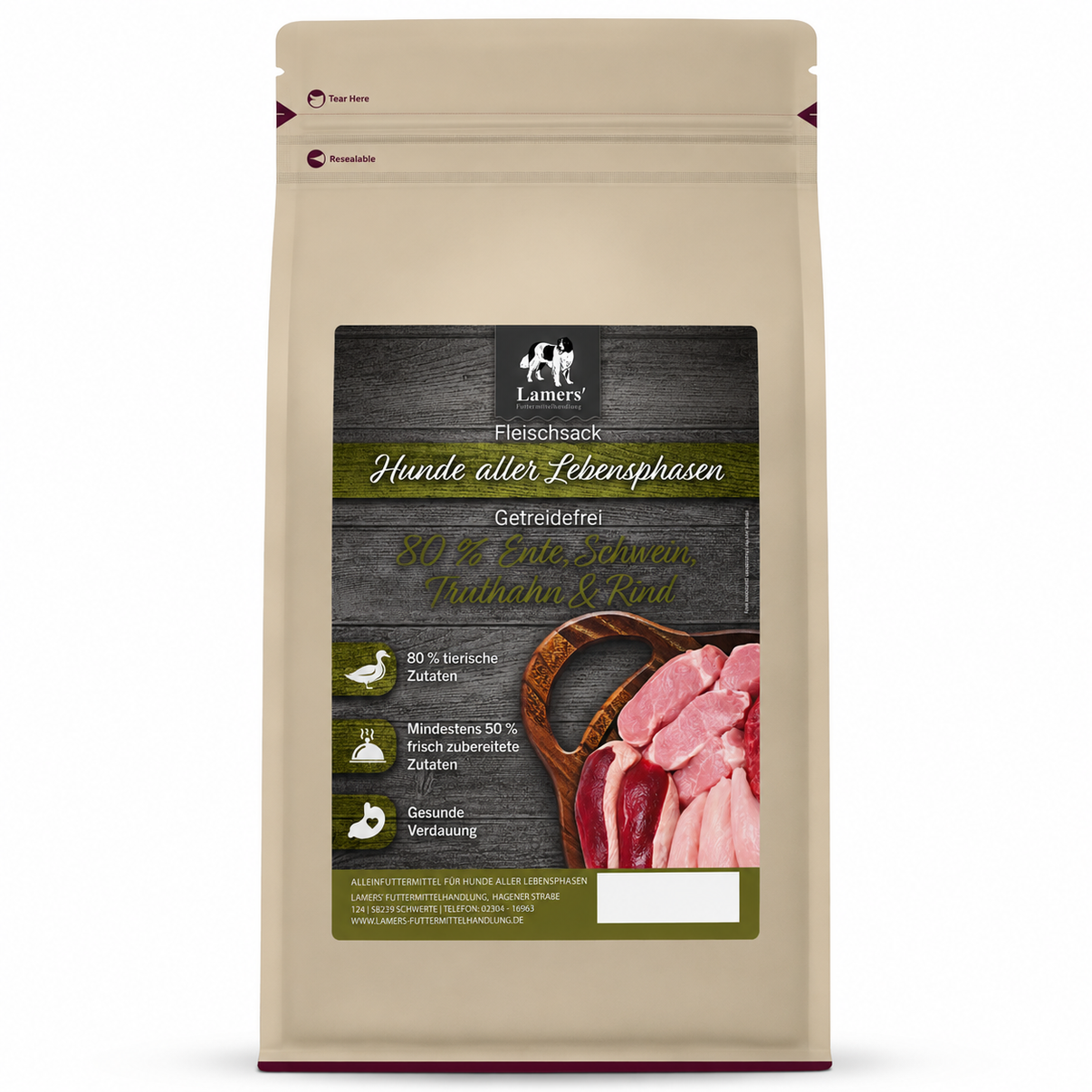 Lamers Fleischsack 80 % Ente, Schwein, Truthahn & Rind Hunde-Trockenfutter Getreidefrei Sack 1