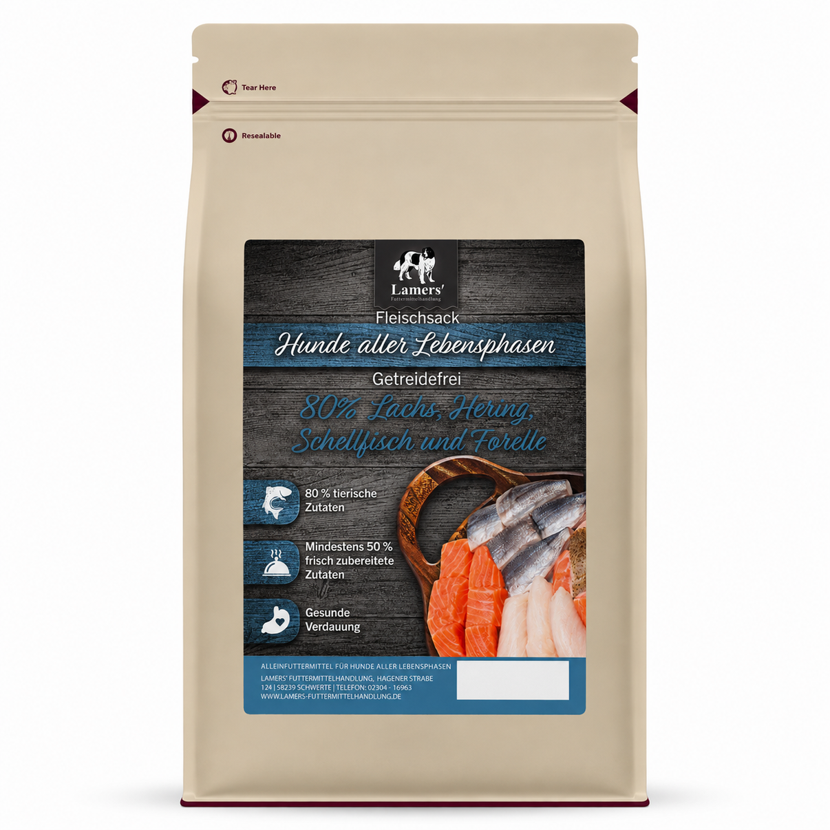 Lamers Fleischsack 80% Lachs, Hering, Schellfisch und Forelle Hunde-Trockenfutter Getreidefrei Sack 1