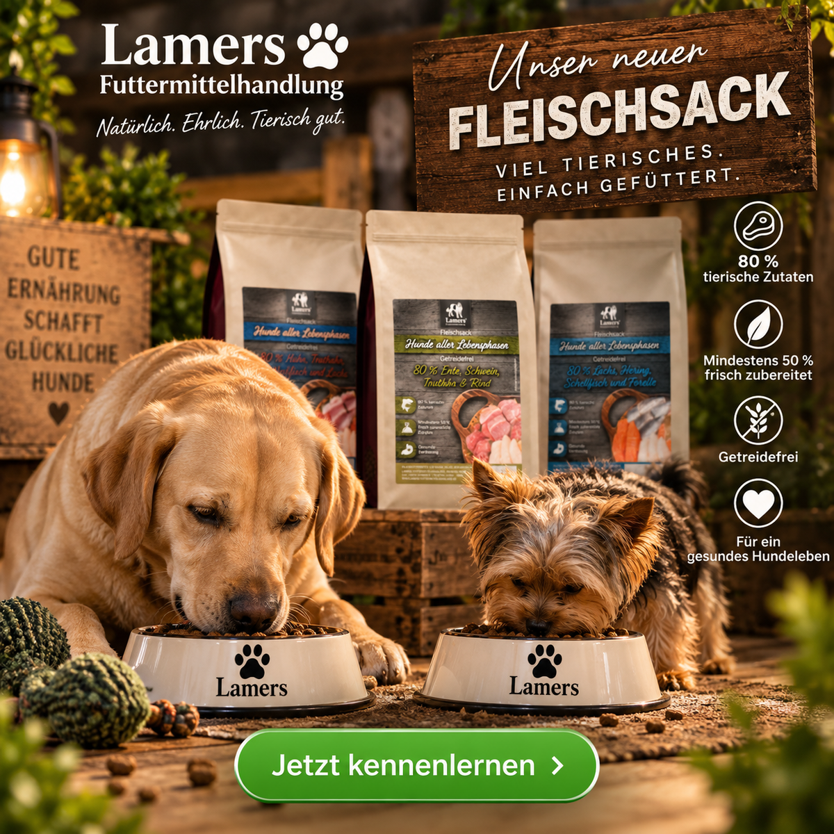 Lamers Fleischsack Dreier-Set mit drei 2-kg-Säcken getreidefreiem Hundefutter und zwei Hunden am Futternapf