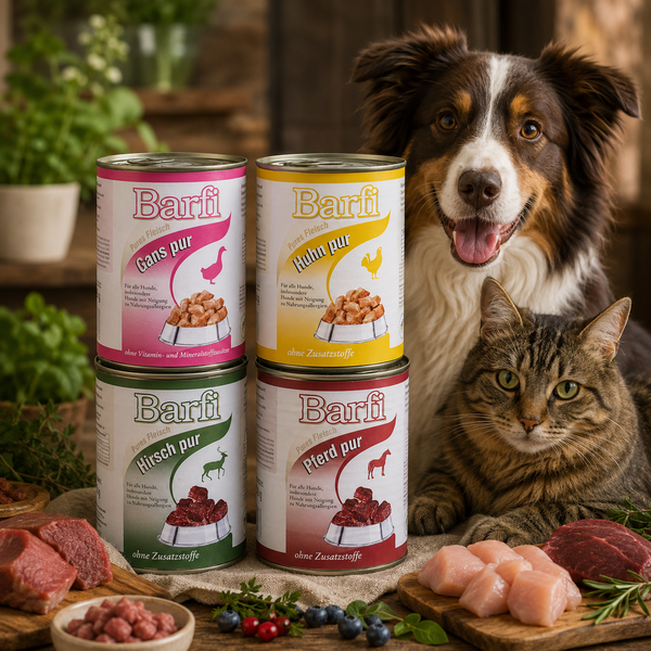 Hund und Katze hinter Barfi-Dosen, rohem Fleisch und Geflügel