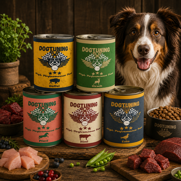 Hund hinter gestapelten Dogtuning-Nassfutterdosen, Fleisch und Gemüse