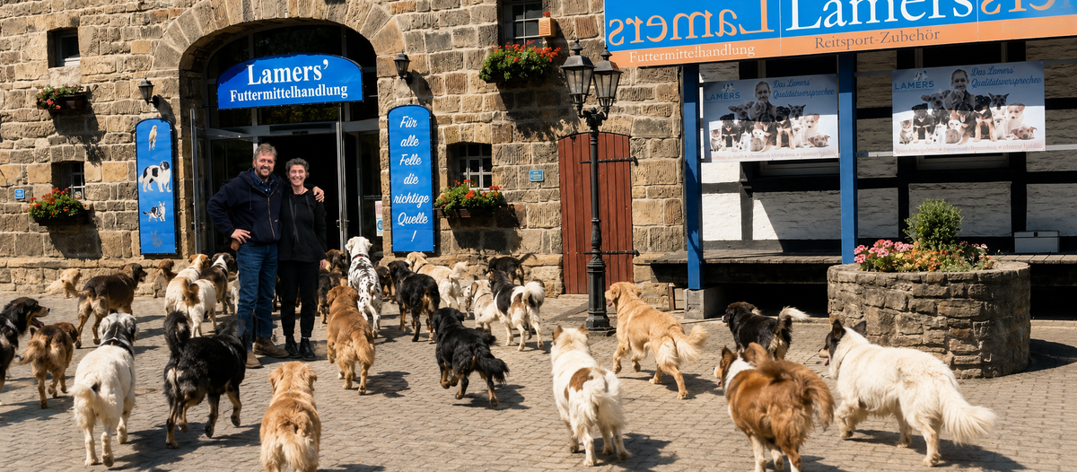 Christiane und Andreas Lamers mit vielen Hunden vor der Lamers Futtermittelhandlung in Schwerte