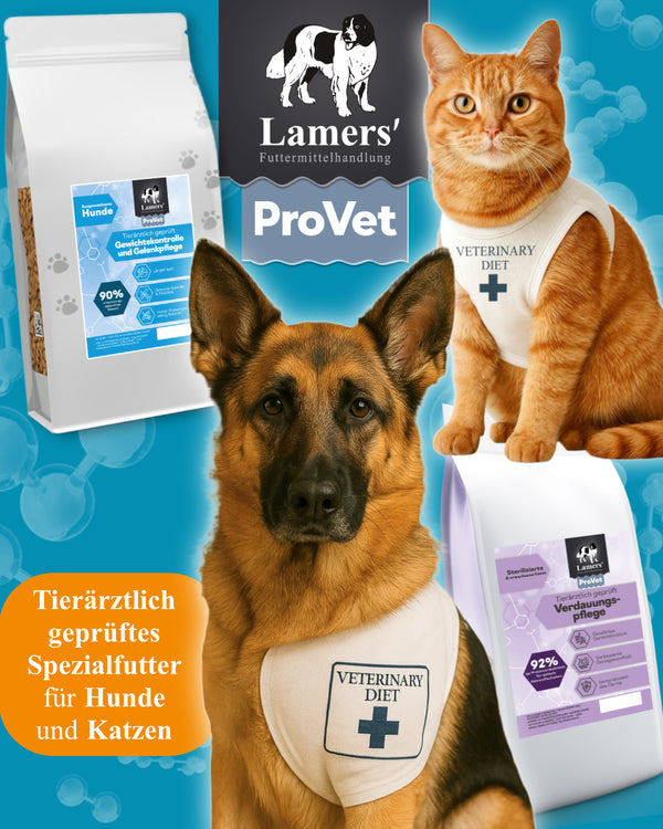 Schäferhund und Katze mit Lamers ProVet Futterbeuteln, Text „Tierärztlich geprüftes Spezialfutter für Hunde und Katzen“