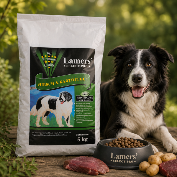 Border Collie liegt neben einem Sack Lamers Select Pro Hirsch & Kartoffel und einem Napf