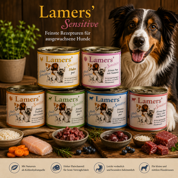 Lamers Sensitive: Hund hinter gestapelten Nassfutterdosen verschiedener Sorten
