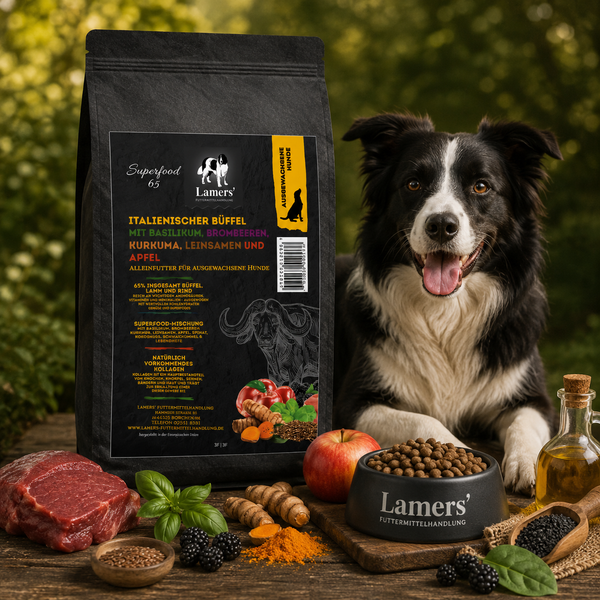 Border Collie neben einem Beutel Lamers Superfood 65, Fleisch und Gemüse