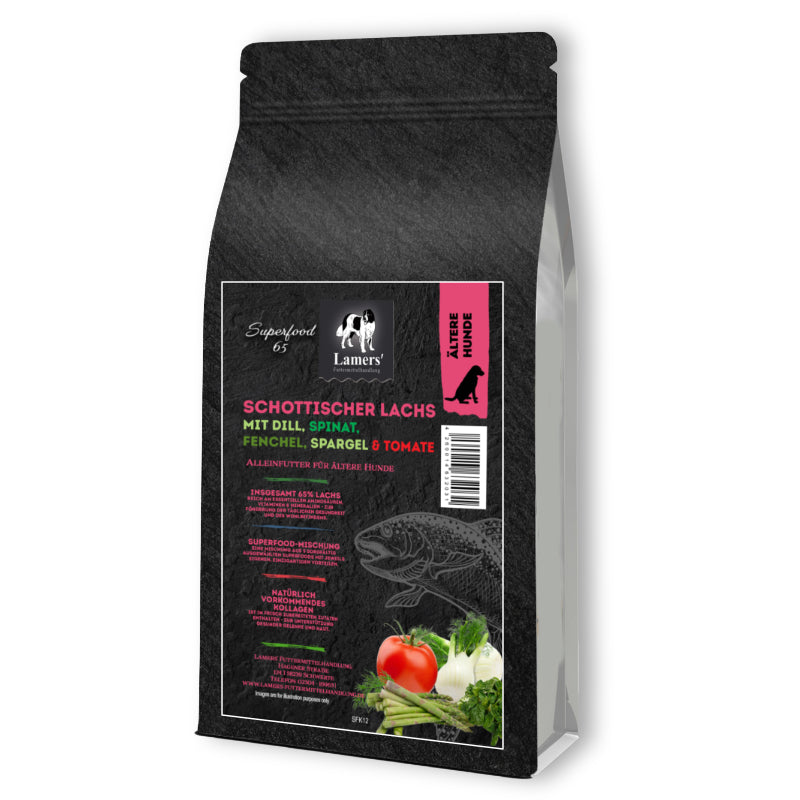 Senior Hundefutter mit schottischem Lachs von Lamers – Superfood 65 Light Trockenfutter mit 65% Fischanteil