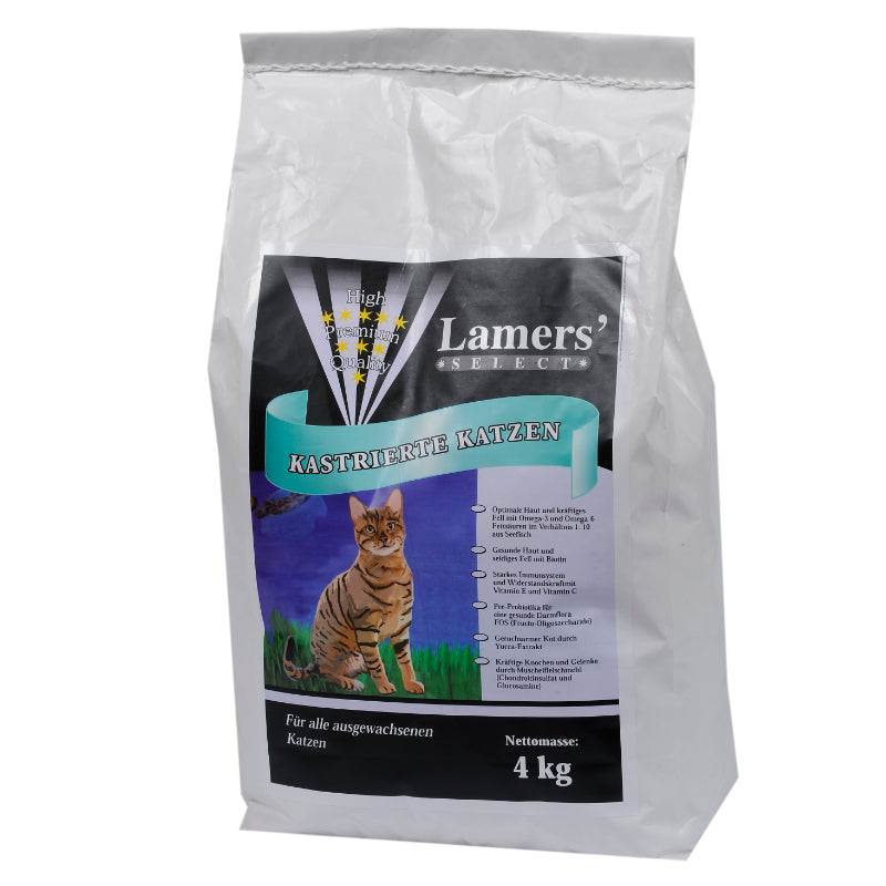 Lamers Select kastrierte Katzen Katzentrockenfutter, weißer 4 kg Beutel mit orange gestreifter Katze auf blauem Etikett.