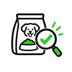 Symbol mit Futtersack, Lupe und grünem Häkchen für sorgfältig ausgewählte Hundeprodukte