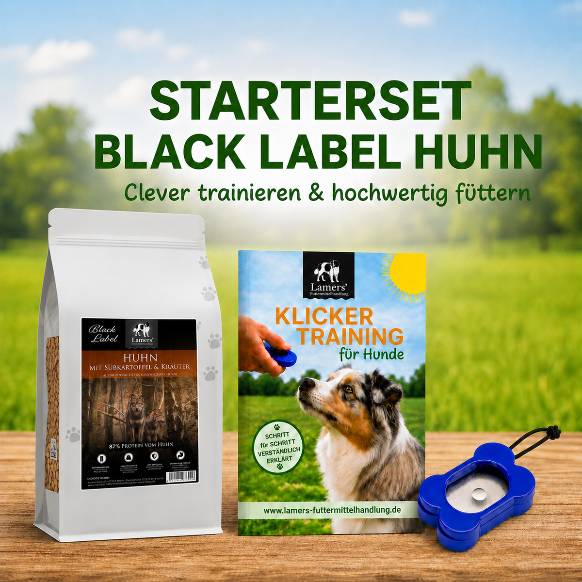 Starterset Klickertraining: Beutel Lamers Black Label Huhn, Trainingsheft und blauer Klicker