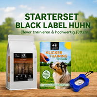 Starterset Klickertraining: Beutel Lamers Black Label Huhn, Trainingsheft und blauer Klicker