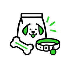Symbol mit Futtersack, Hundeknochen und Halsband für die große Auswahl bei Lamers