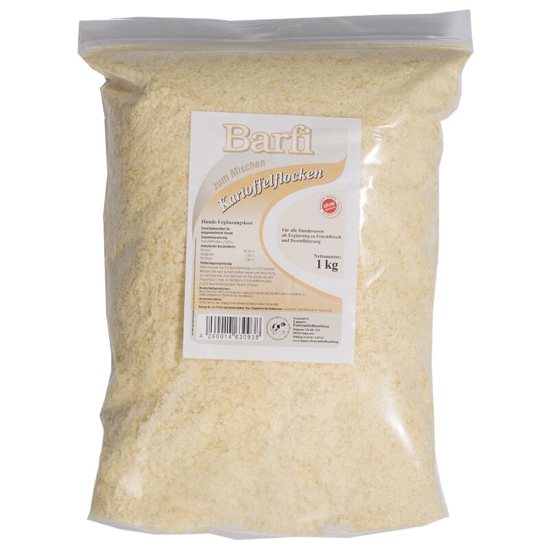 Barfi Kartoffelflocken: Transparenter Beutel mit 1 kg hellgelben Kartoffelflocken für Hunde, Etikett mit Produktinfos.