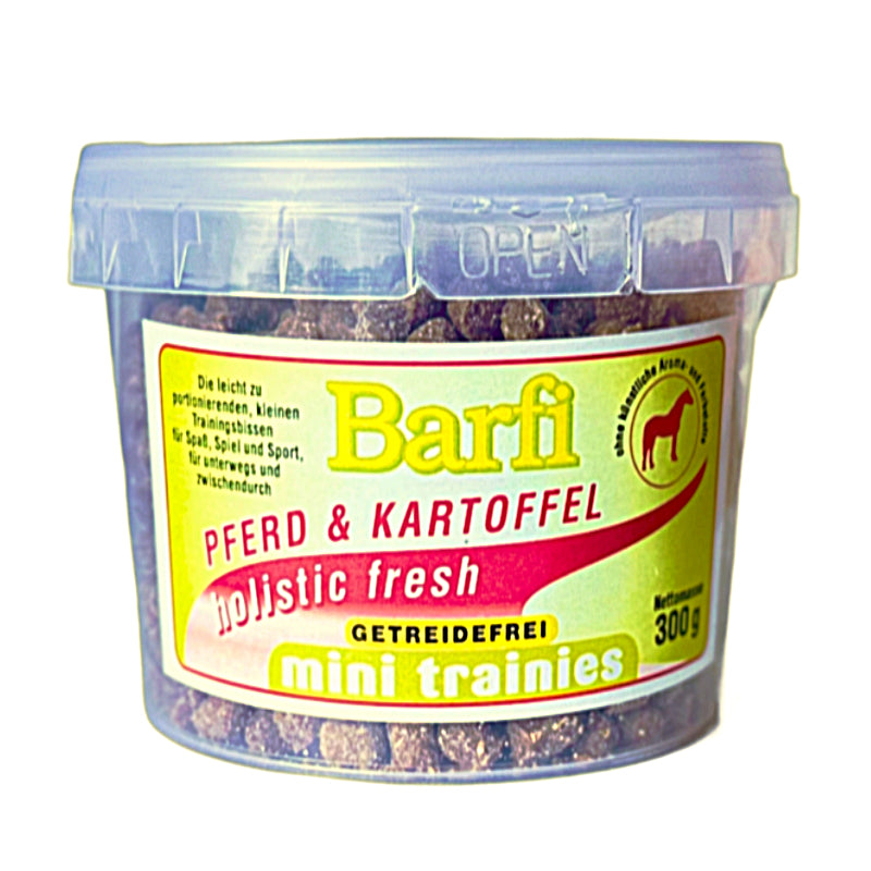 Getreidefreie Hundesnacks mit Pferd und Kartoffel – Barfi Mini Trainies als Trainingsleckerlis für Hunde