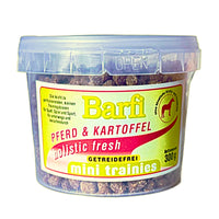 Getreidefreie Hundesnacks mit Pferd und Kartoffel – Barfi Mini Trainies als Trainingsleckerlis für Hunde