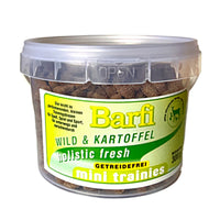 Getreidefreie Hundesnacks mit Wild und Kartoffel – Barfi Mini Trainies als Trainingsleckerlis für Hunde