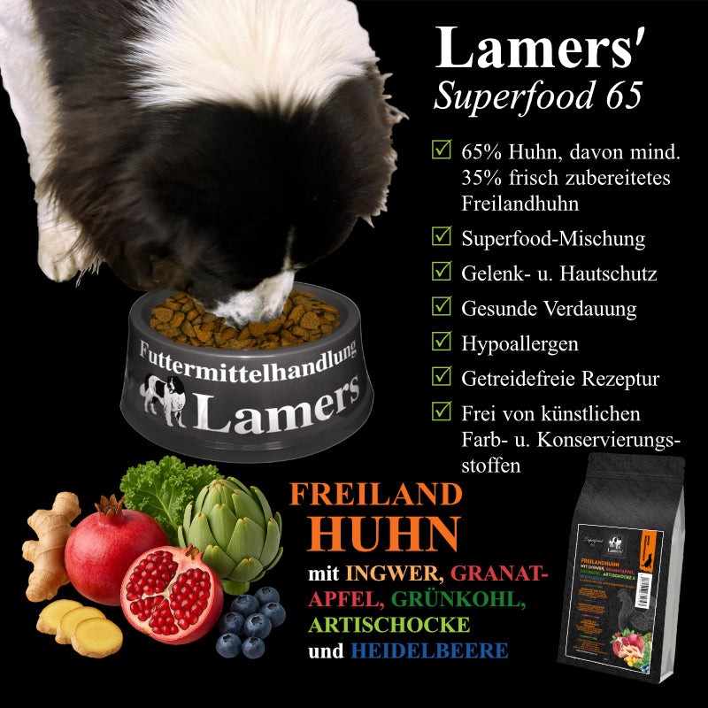 Landseer frisst aus einem Lamers-Napf, dazu Lamers Superfood 65 Freilandhuhn mit Zutaten und Produktvorteilen