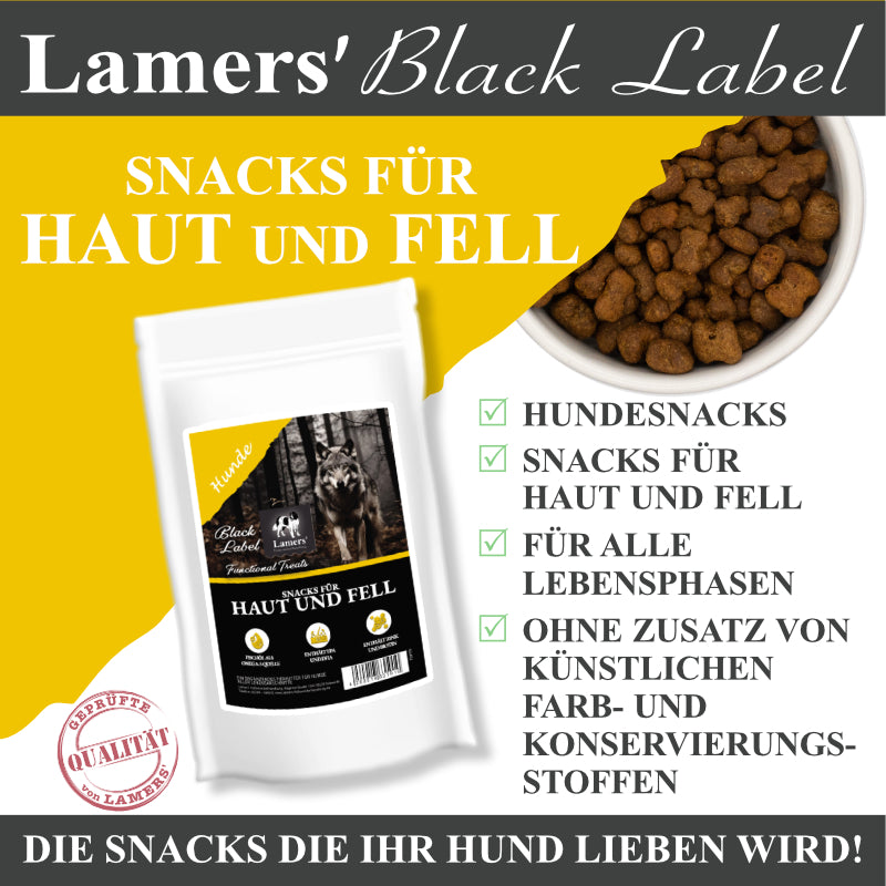 Lamers Black Label Snacks für Haut und Fell für Hunde: Beutel und Snacks mit Produktvorteilen