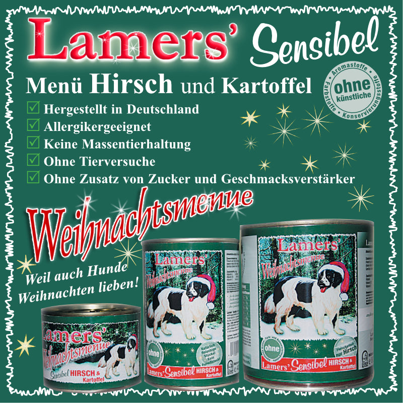 Lamers Weihnachtsmenü Sensibel Hirsch und Kartoffel: drei Dosen mit Produktvorteilen