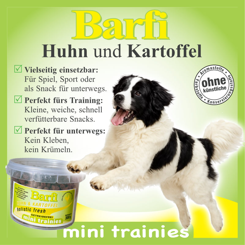 Barfi mini trainies Huhn & Kartoffel: springender schwarz-weißer Hund neben dem Snackeimer, dazu Produktvorteile