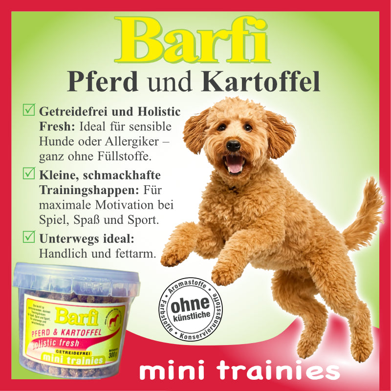 Barfi mini trainies Pferd & Kartoffel: springender lockiger Hund neben dem Snackeimer, dazu Produktvorteile